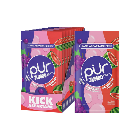 PUR Jumbo Gomme à mâcher sans aspartame 100 % xylitol | Gomme à mâcher naturelle, saveur de raisin, pastèque, 20 pièces