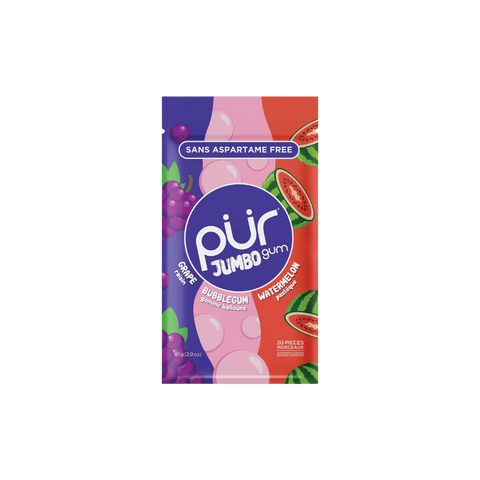 PUR Jumbo Gomme à mâcher sans aspartame 100 % xylitol | Gomme à mâcher naturelle, saveur de raisin, pastèque, 20 pièces