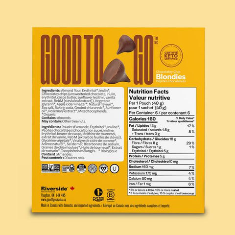 GOOD TO GO - Bouchéeé Blondies pépites chocolatées - Keto Québec - Keys Nutrition