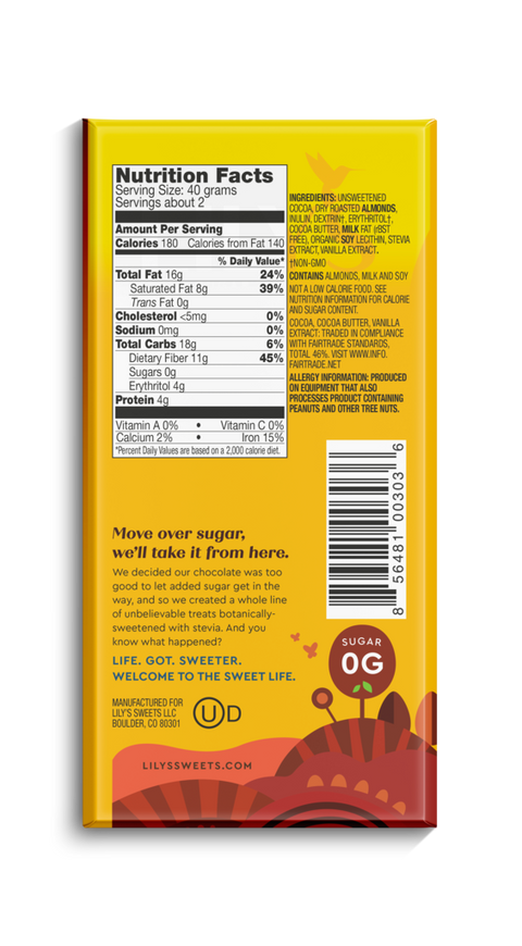 Lily's Chocolat Noir 55% Amandes 85g sans sucre ajouté - Keys Nutrition