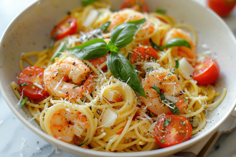 Nouilles Konjac Crémeuses à l'Ail et au Parmesan avec Crevettes - Keys Nutrition