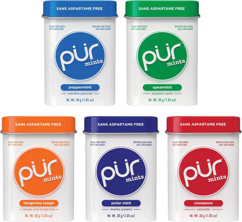 PUR – 30 menthes sans aspartame, fabriquées avec du xylitol, sans sucre, végétalien, sans gluten et adaptées pour régime cétogène, menthes naturelles aromatisées à la menthe, paquet varié