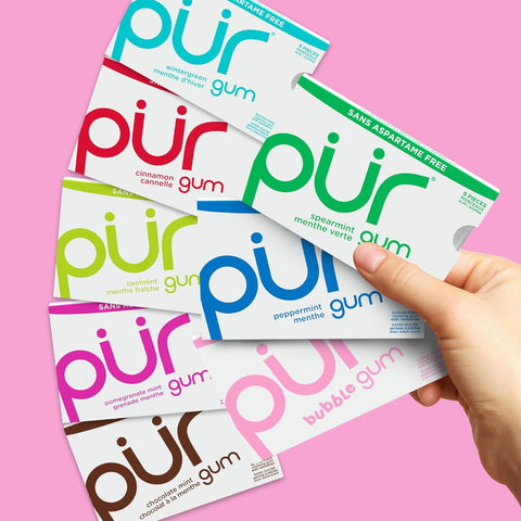 PUR Gomme à mâcher, sans aspartame, sans sucre, 100 % xylitol, gomme à mâcher naturelle, sans OGM, végétalien