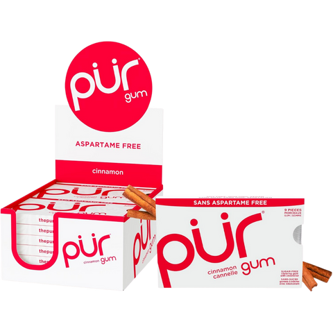 PUR Gomme à mâcher, sans aspartame, sans sucre, 100 % xylitol, gomme à mâcher naturelle, sans OGM, végétalien CAISSE