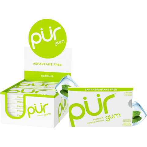 PUR Gomme à mâcher, sans aspartame, sans sucre, 100 % xylitol, gomme à mâcher naturelle, sans OGM, végétalien CAISSE