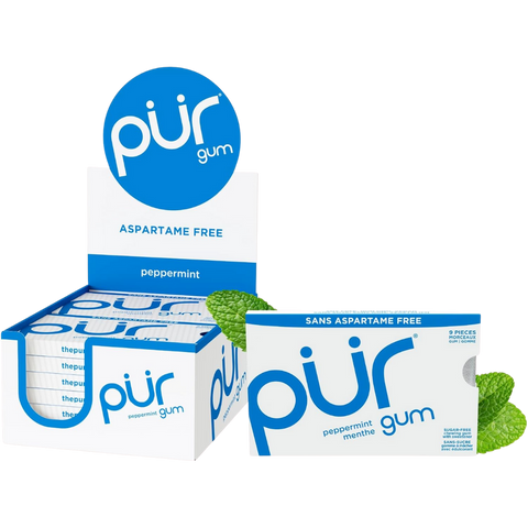 PUR Gomme à mâcher, sans aspartame, sans sucre, 100 % xylitol, gomme à mâcher naturelle, sans OGM, végétalien CAISSE