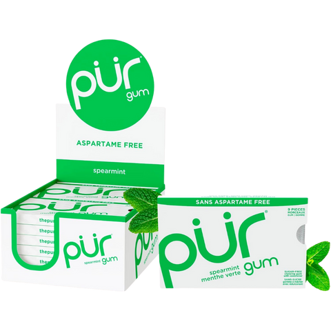 PUR Gomme à mâcher, sans aspartame, sans sucre, 100 % xylitol, gomme à mâcher naturelle, sans OGM, végétalien CAISSE