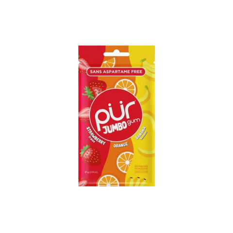 PUR Jumbo Gomme à mâcher sans aspartame, 100 % xylitol, saveur naturelle de fraise, banane, orange, 20 pièces