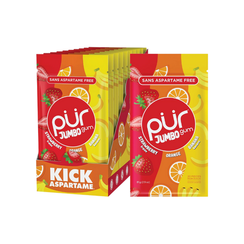 PUR Jumbo Gomme à mâcher sans aspartame, 100 % xylitol, saveur naturelle de fraise, banane, orange, 20 pièces