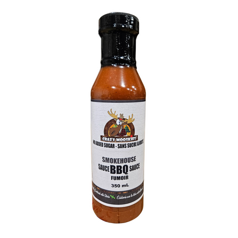 Crazy Mooskies Smokehouse, sauce BBQ fumoir sans sucre ajouté, bouteille de 350 ml