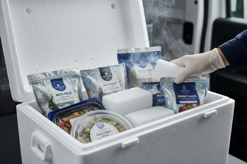 livraison de produits congelé dans une boite isotherme en styromousse blanche avec des plaquettes de glace sèche