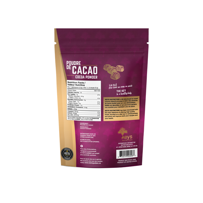 KEYS NUTRITION (Marque 100% Québécoise) Poudre de cacao 227g - Keto Québec||KEYS NUTRITION (Brand 100% Quebec) Cocoa powder 227g - Keto Quebec KEYS NUTRITION ESSENTIELS